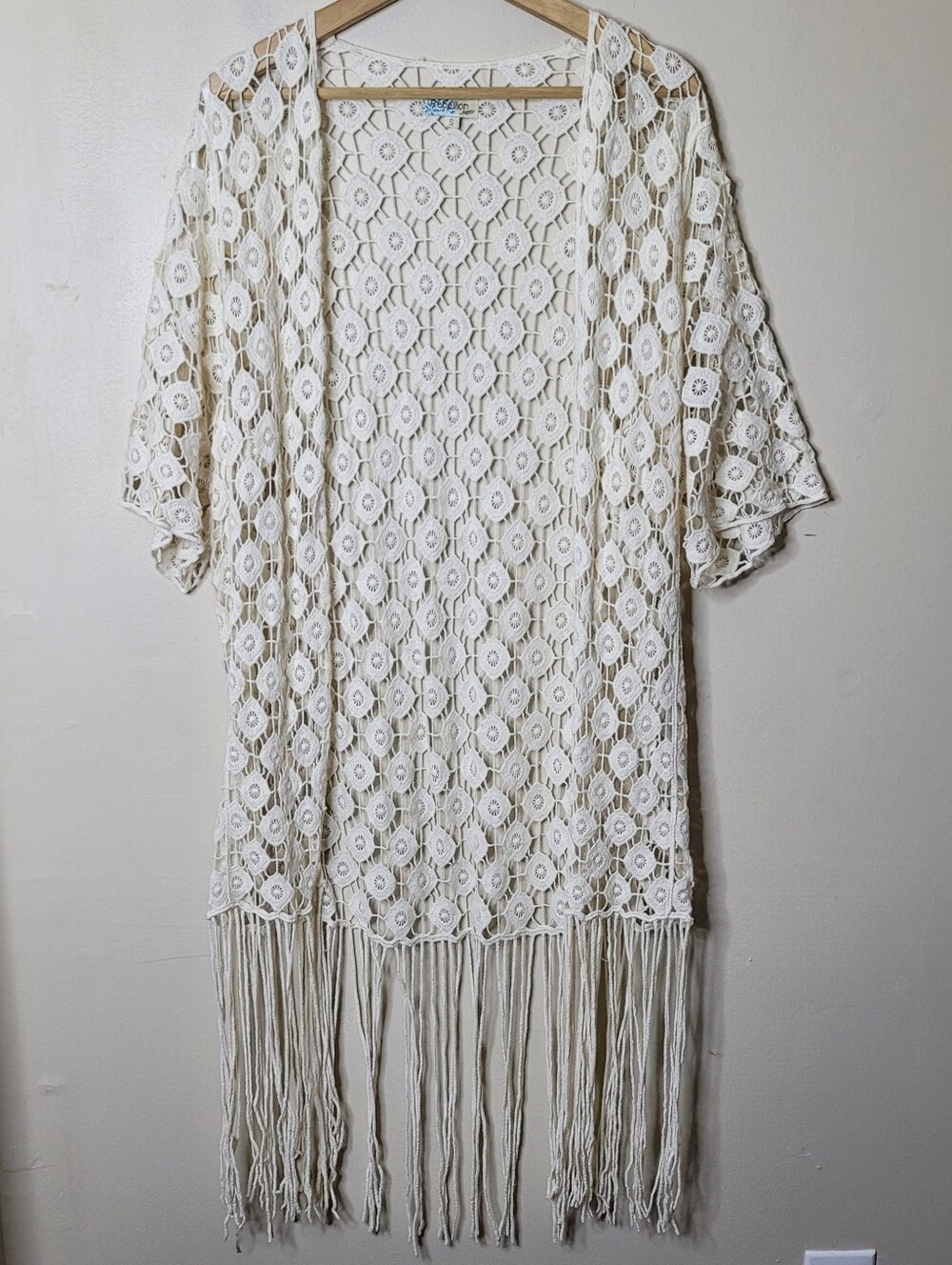 Crochet Lace Short Sleeve Long Kimono Duster Size Small - Picture 2 of 8